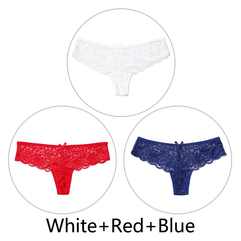 White Red Blue 3 шт., сексуальные кружевные трусики женские стринги и стринги, открытая низкая талия, нижнее белье, прозрачные танга, женское нижнее белье, дышащее - Цвет: White Red Blue