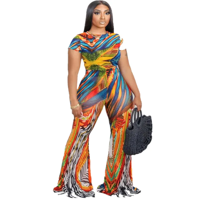 Женский комплект с принтом в полоску Adogirl футболка коротким рукавом и брюки клеш