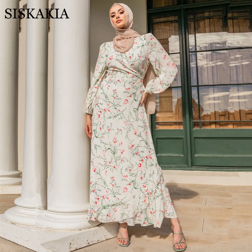 

Белое Платье макси с цветочным рисунком элегантное этническое платье с поясом и v-образным вырезом длинный рукав в арабском стиле Оман Дуба...