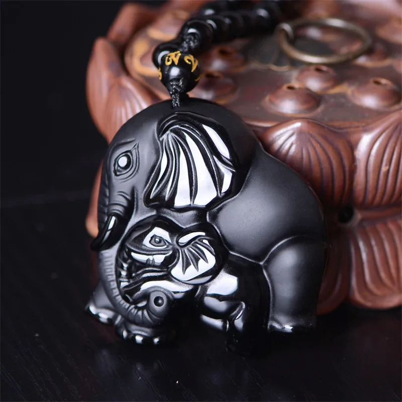 Chinese Handwork Natural Black Obsidian Carved Mother Baby Cute Elephant Amulet Lucky Pendant Necklace Fashion Jewelry Healing | Украшения