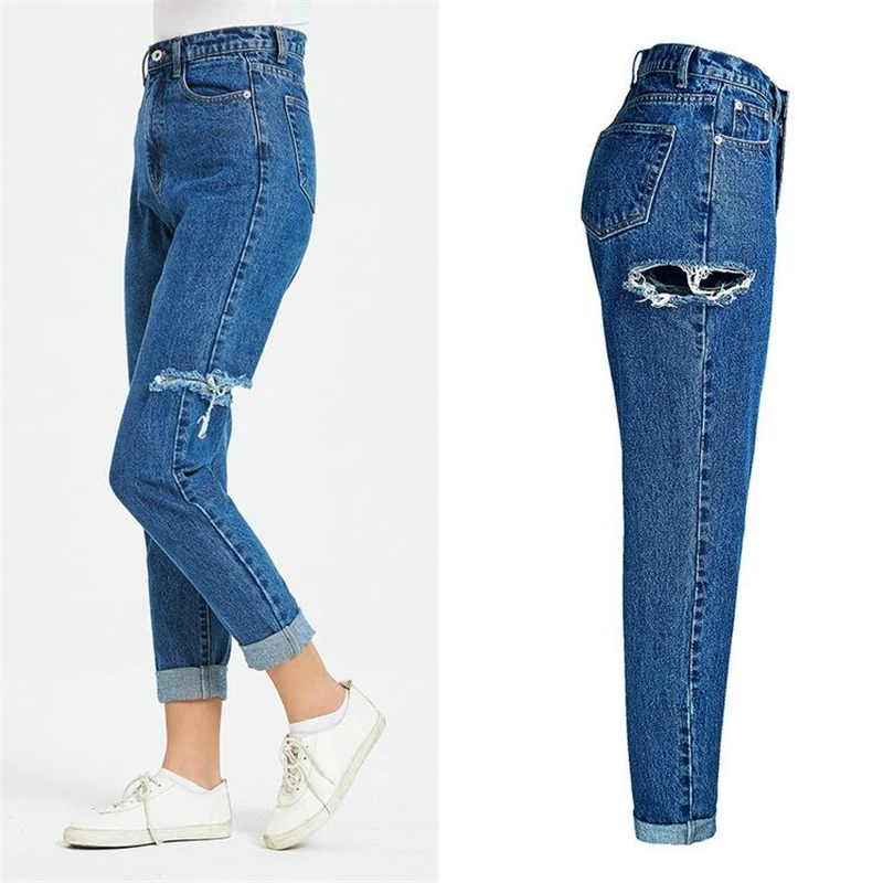 Европейские американские рваные джинсы с простыми дырками и высокой талией