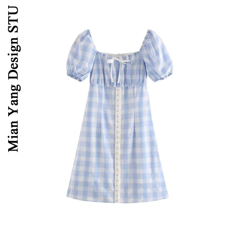 Суд Ретро маленькая короткое платье 20 летние синий плед бант из ленты принцессы с