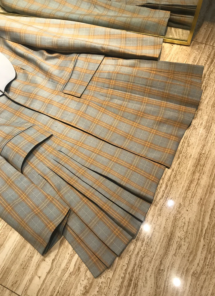 

Women Autumn Blazer Dress Single Breasted Plaid Pleated Dress