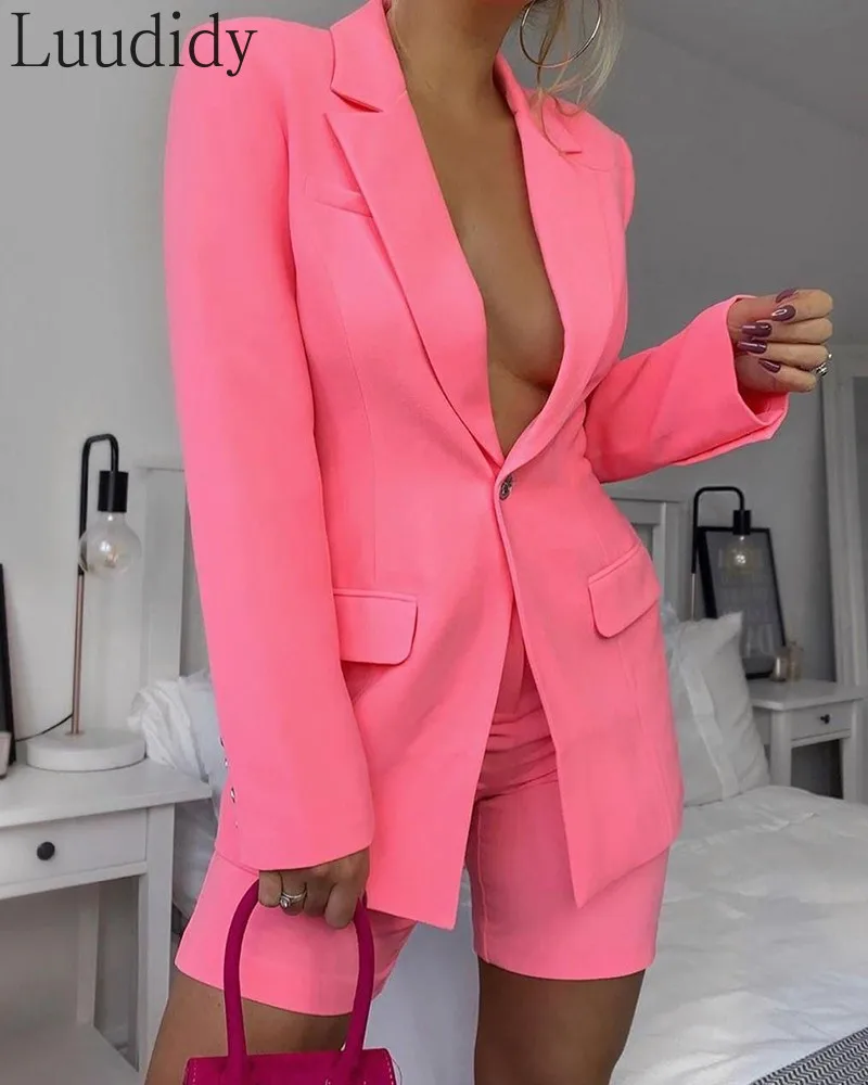 

Women Elegant Solid Color Long Sleeve Buttoned Blazer Coat and High Waist Shorts 2pcs Set
