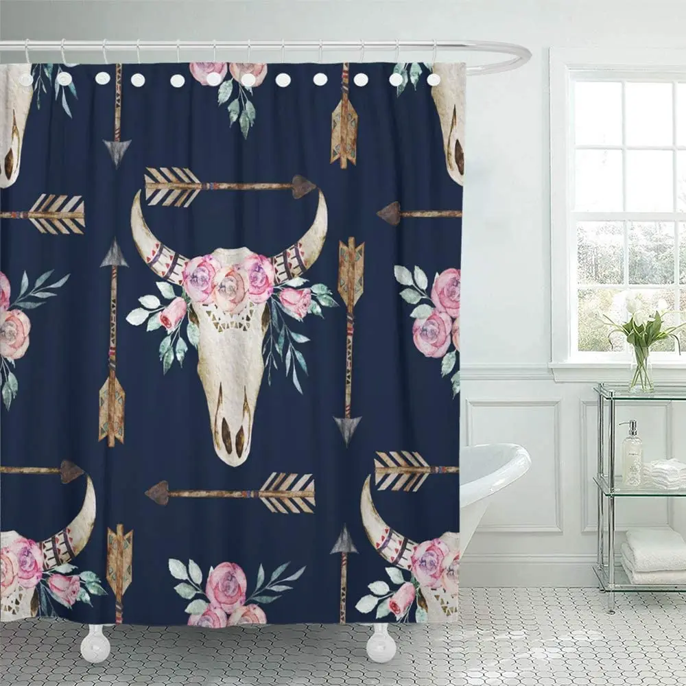 

Decorative Shower Curtain Skull Watercolor Boho Deer Antlers Bohemian Western Ethnic Bull Waterproof Bathroom Shower Curtain