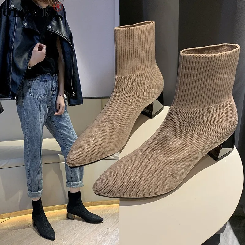 

Autumn and Winter Knitted Stretch Fabric Socks Women's Boots Low Heel Ankle Boots Fashion Pointed Toe Women's Ankle Boots