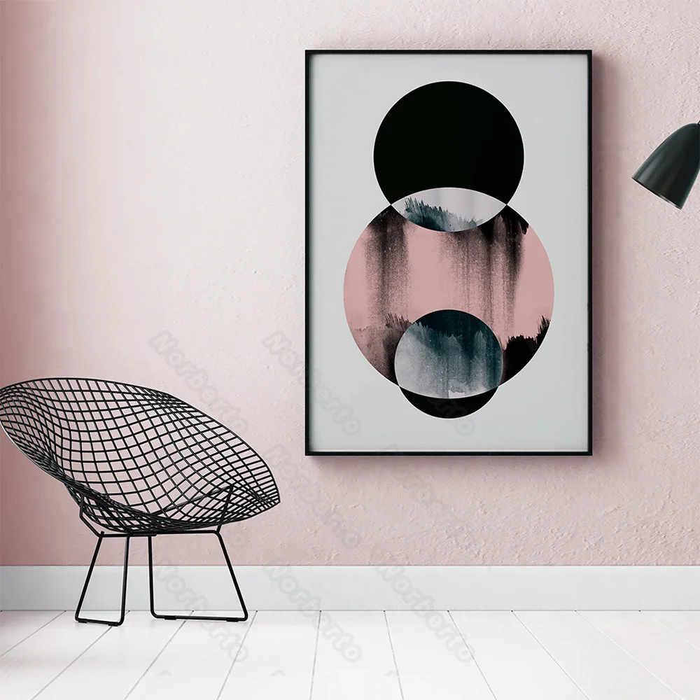 

Canvas Painting Wall Poster Watercolor Geometric Pictures with Black Pink Green Blue Gray Colors for Home Rooms Wall Decoration