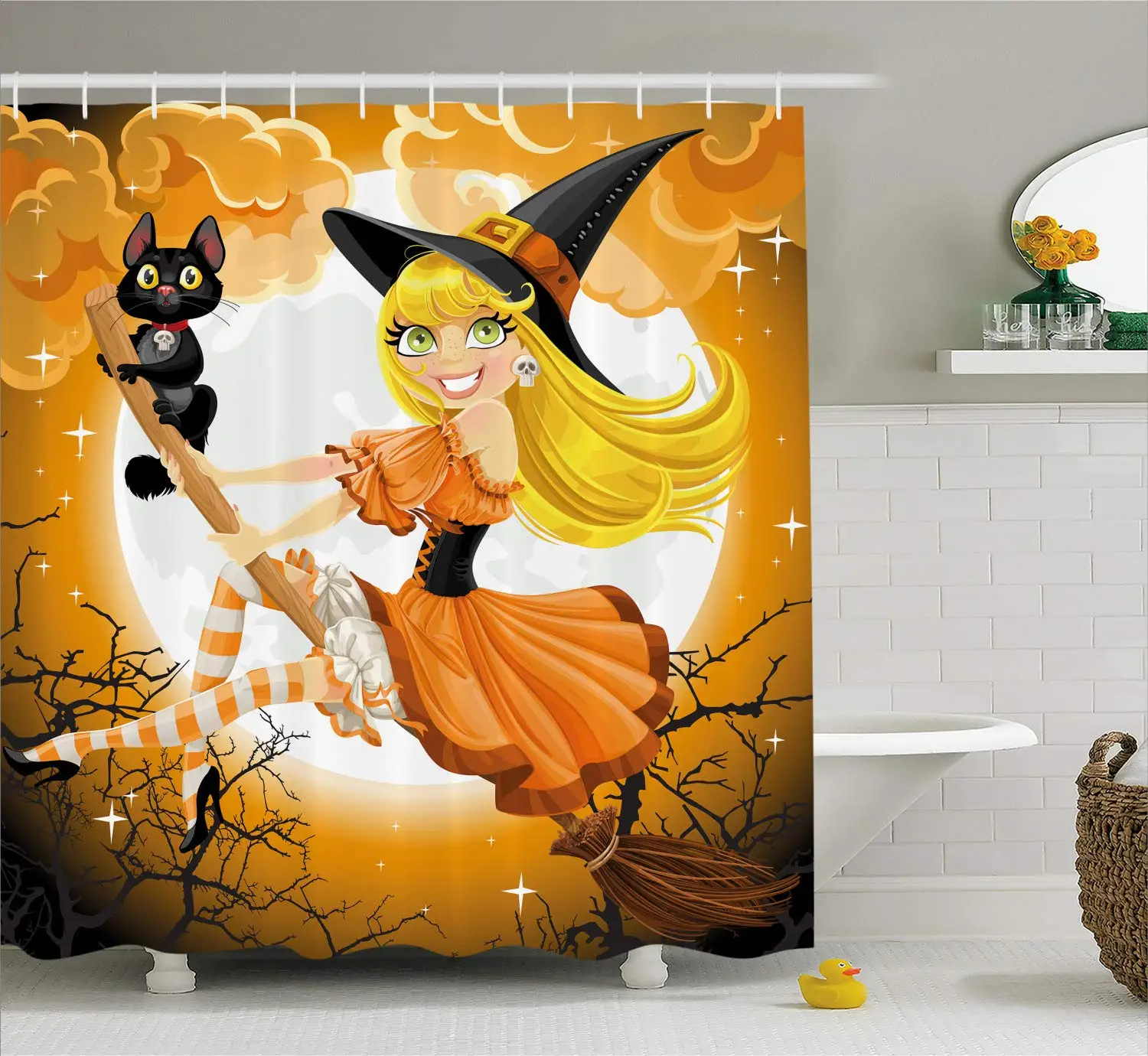 

Halloween Shower Curtain with Trick or Treat Carton Little Girl Witch with Hat,Cat,Moon, Art Print Cloth Fabric Bathroom