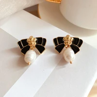 natural pearl bow drop earrings for women girls dangle fresh water gold color hanging charm party zinc alloy jewelry accessory