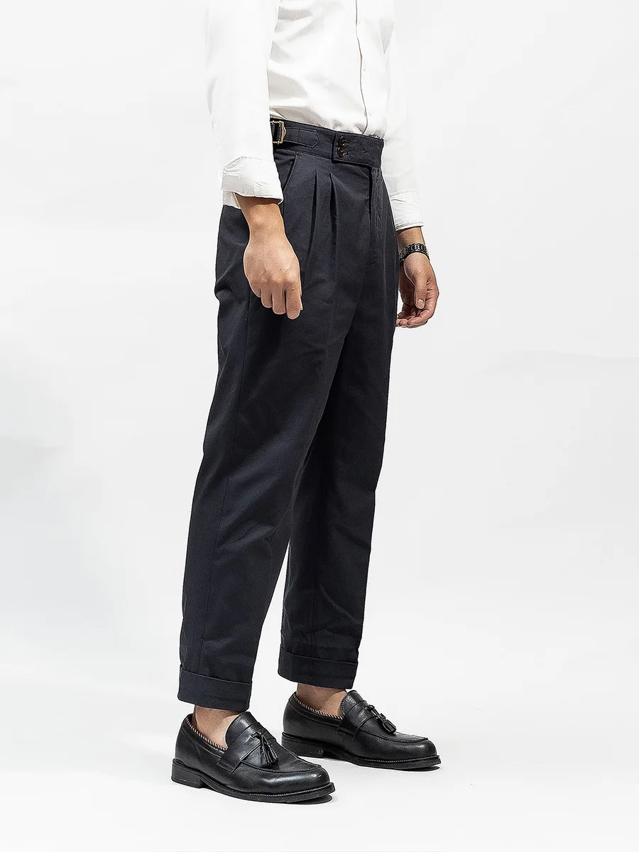 Italian-style Neapolitan High-waisted Paris Button Slim Cropped Trousers Small Straight leg Curled Casual Pants Cotton Trousers