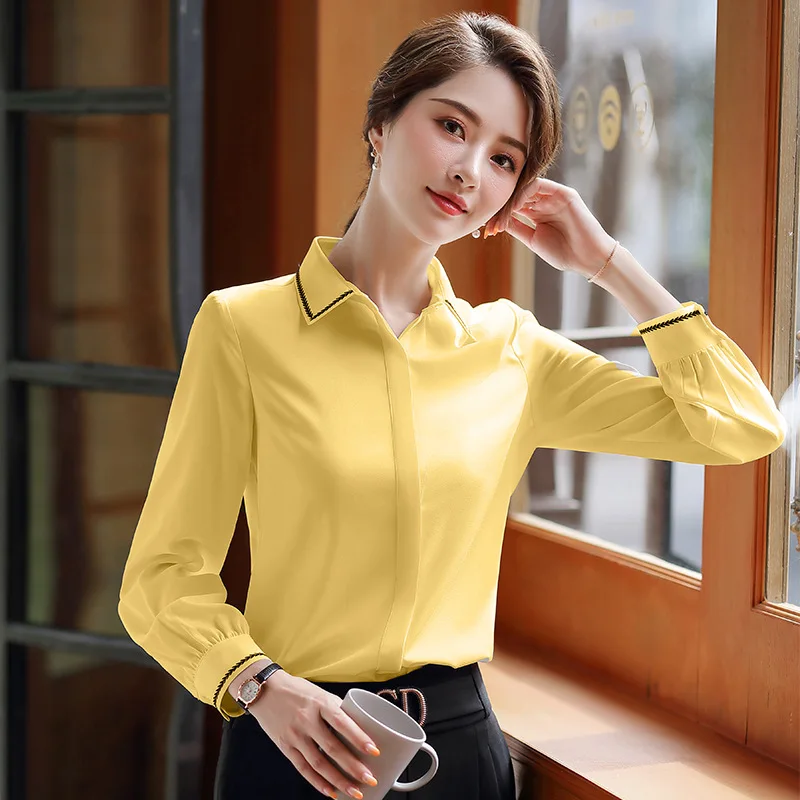 Женская деловая шифоновая блузка с длинным рукавом Офисная Однотонная рубашка