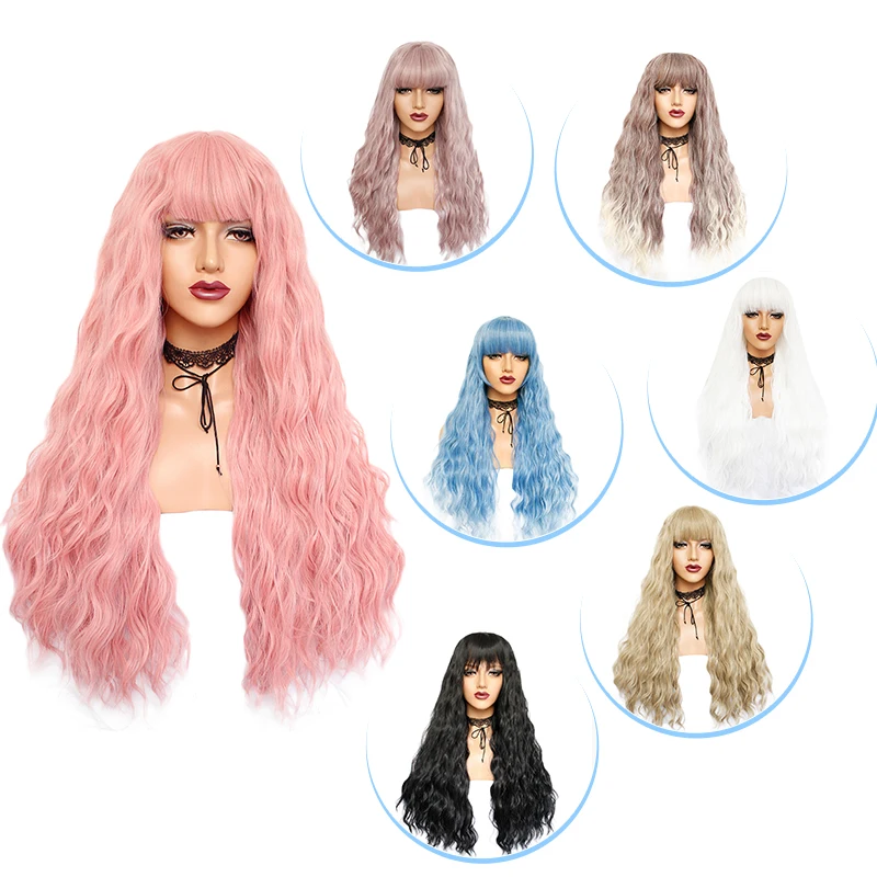 Ebingoo Synthetic Wig Long Deep Wave Natural Black Synthetic Machine Made Wig with Bangs Heat Resistant Fiber Wig Cosplay Wigs