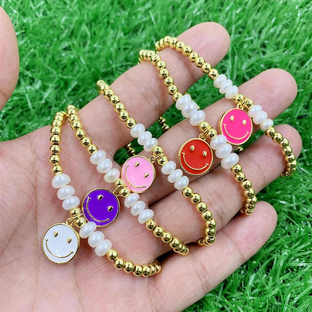 

Girls Chain Cultured Charm Acrylic Simple Candy Rainbow Beads Cute Smiley Freshwater Pearl Bracelet Women