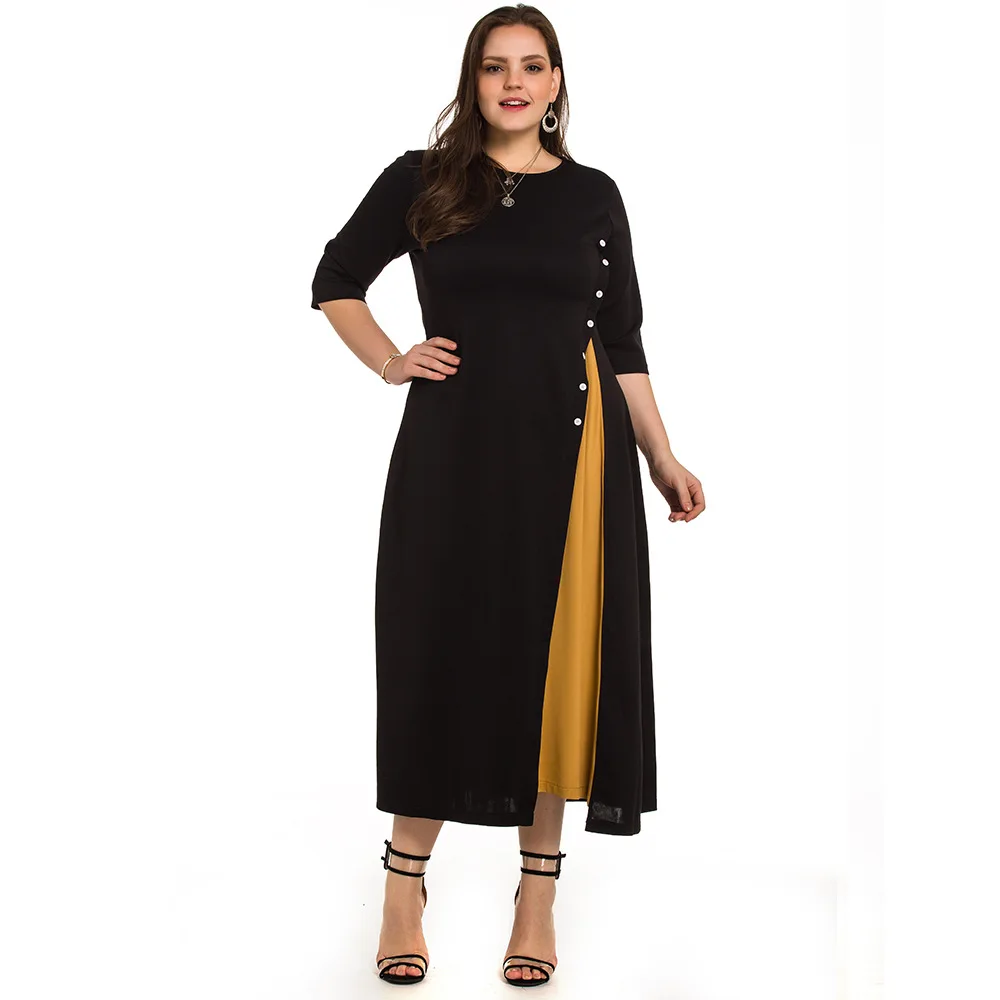 

2021 Women Fashion New Five Big Yards Dress Sleeve Round Collar Button Color Matching Cultivate One's Morality In Long Dress