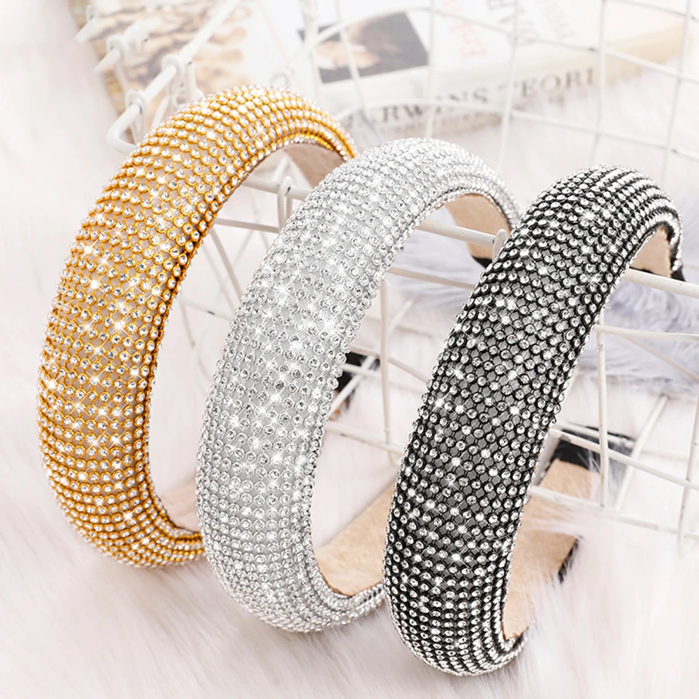 

Full Crystal Headdress Bridal Rhinestone Padded Headbands Baroque Headbands Thick Women Diamante Party Crown Hair Accessories
