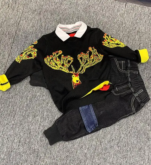 

Baby Boy Clothes Suits Autumn Winter Casual Baby Girl Clothing Sets Children Suit Knitted Sweater +Thickened Jeans Kids Set 2-6Y