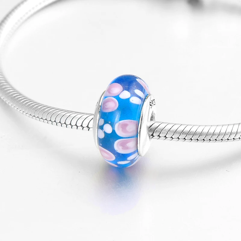 2018 Новые 925 стерлинговое серебро тонкий розовый узор глубокий синий бусины Murano Glass подходят оригинальным европейским браслетам Charms Jewelry making.
