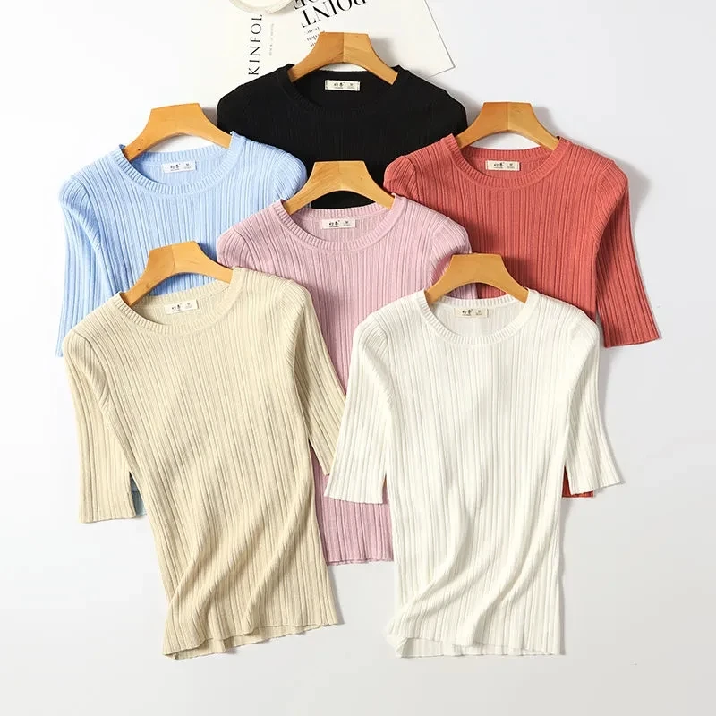 

T Shirts Women O-neck Half Sleeved Ice Silk Knitted Tshirt Summer Pring Tops Tees Female Solid Color Slim Knit Bottoming Shirt