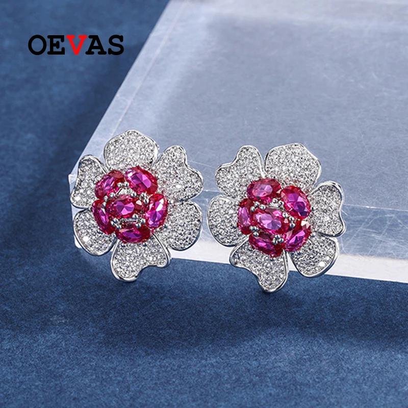 

COSYA Hot Sales 14.5*14mm Ruby High Carbon Diamond Flower Stud Earrings For Women Sparkling Wedding Fine Jewelry Wholesale Gift