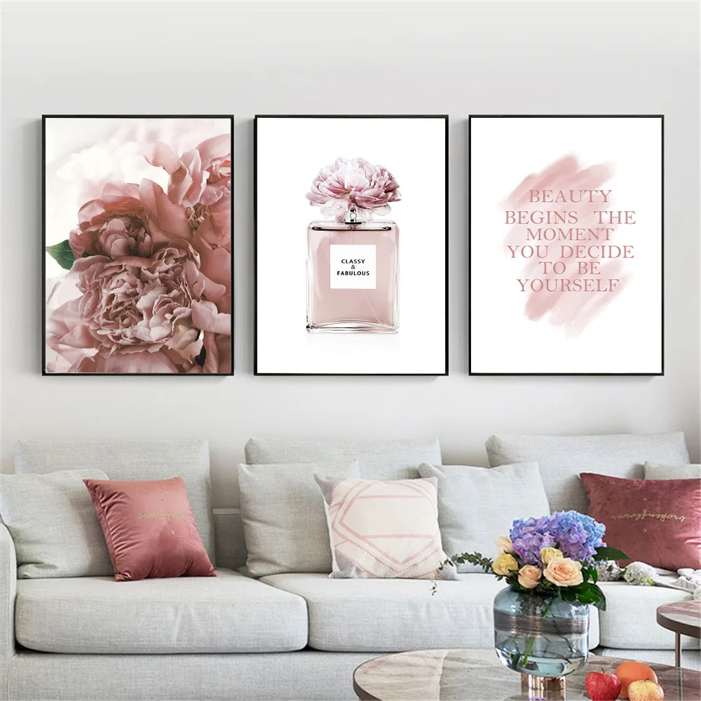 

Fashion Perfume Bottle Wall Art Poster Pink Peony Flowers Art Print Quotes Canvas Painting Modern Picture Living Room Home Decor