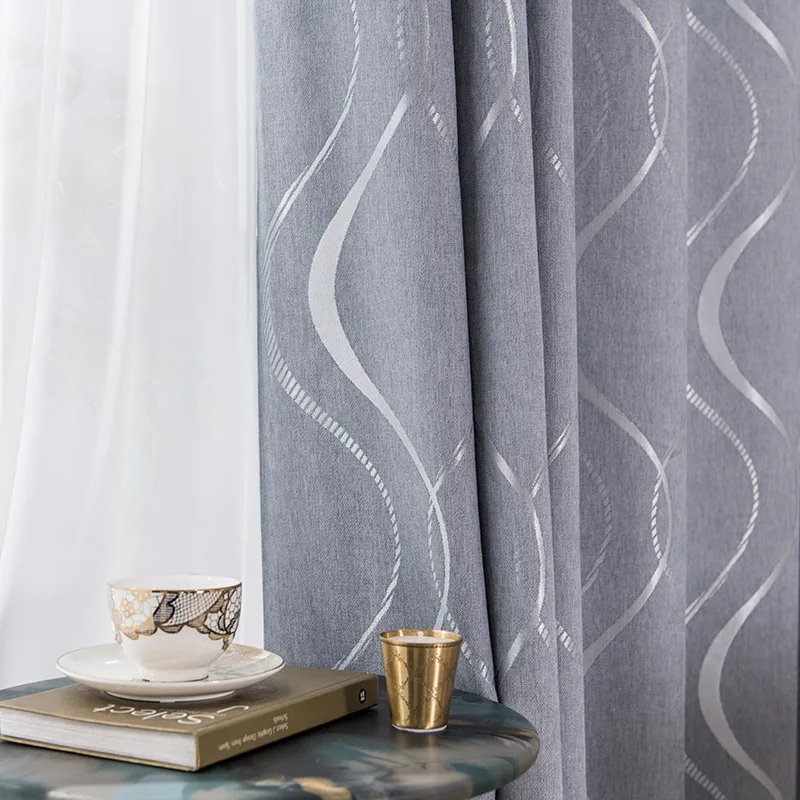 Занавеска жаккардовая серая/синяя в полоску штора блэкаут европейском стиле для