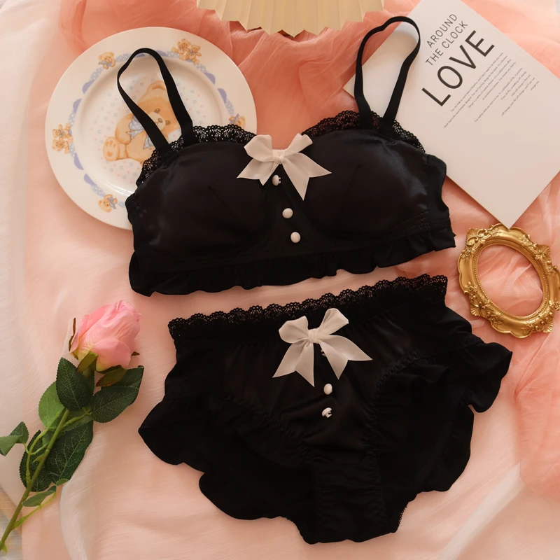 

Japanese Soft Sister Lolita Lace Trim Underwear Set Cute Sweet Maid Ruffle Bowknot Lingerie Women's No rims Bra & Brief Set