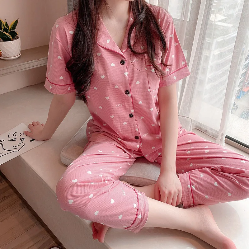 2021summer New Lapel Print Short Sleeve Pants Home Loose Casual Women's Pajama Set Lady Nightwear Female Sleepwear Sleeping Wear