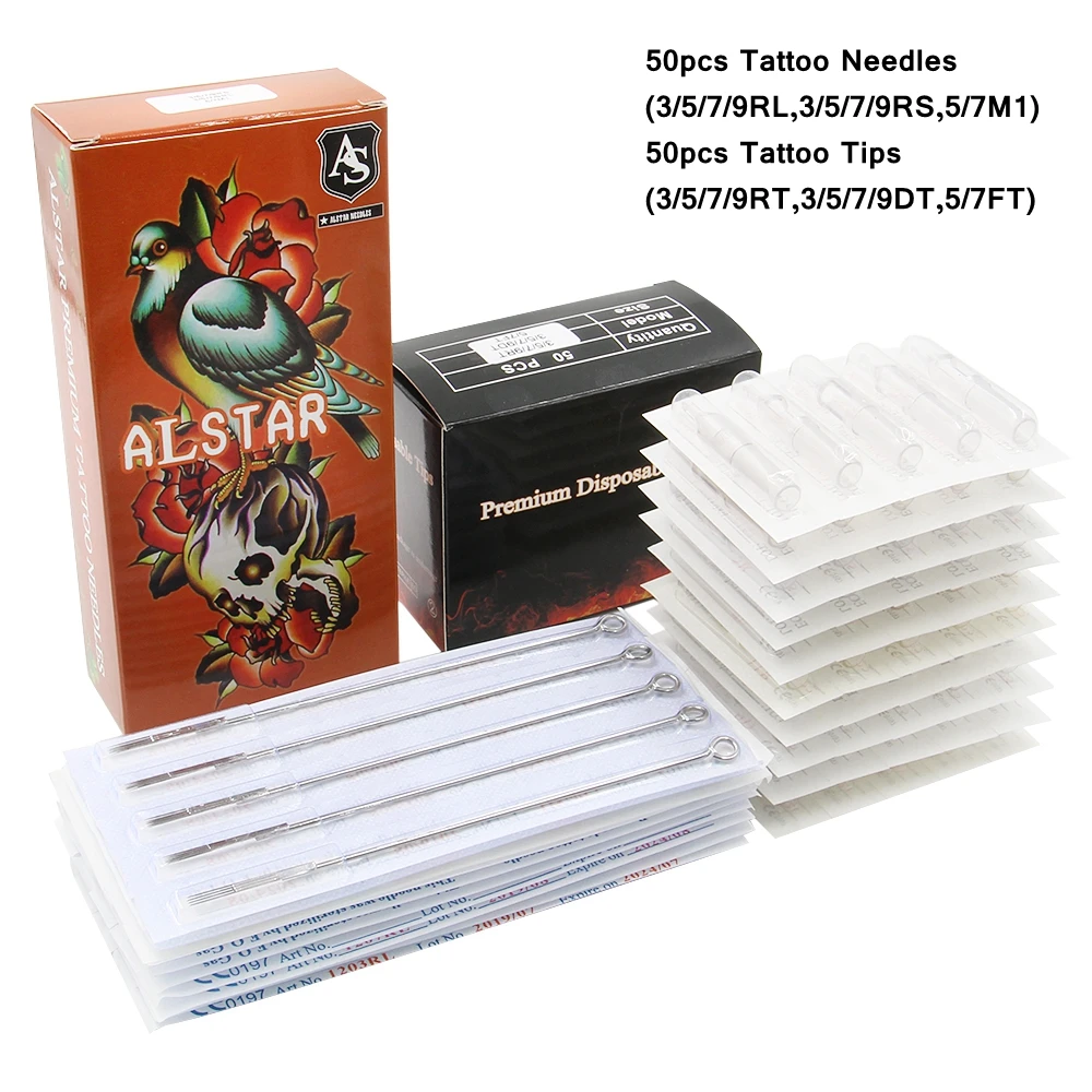 

50pcs Disposable Mixed Tattoo Needles + 50pcs Assorted Sterilized Disposable Tattoo Tips, 5pcs of each 3rl 5rl 7rl 7rl 3rs 5rs 7