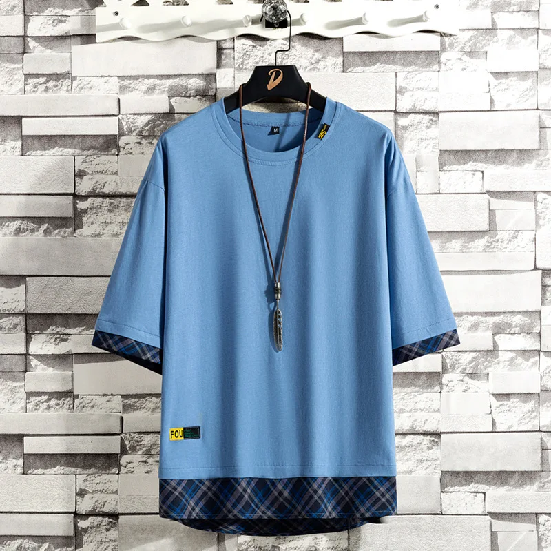 

2021 Summer T Shirt Men's O-Neck Bottoming Shirt Loose Casual Oversized Short-Sleeved T-Shirt Fashion Lattice Stitching Tops