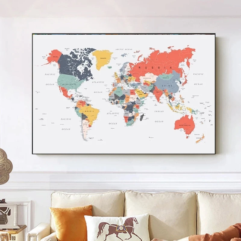 

Coral Colorful World Map Canvas Painting Abstract Colorful Posters and Prints Wall Art Pictures for Living Room Decor Cuadros