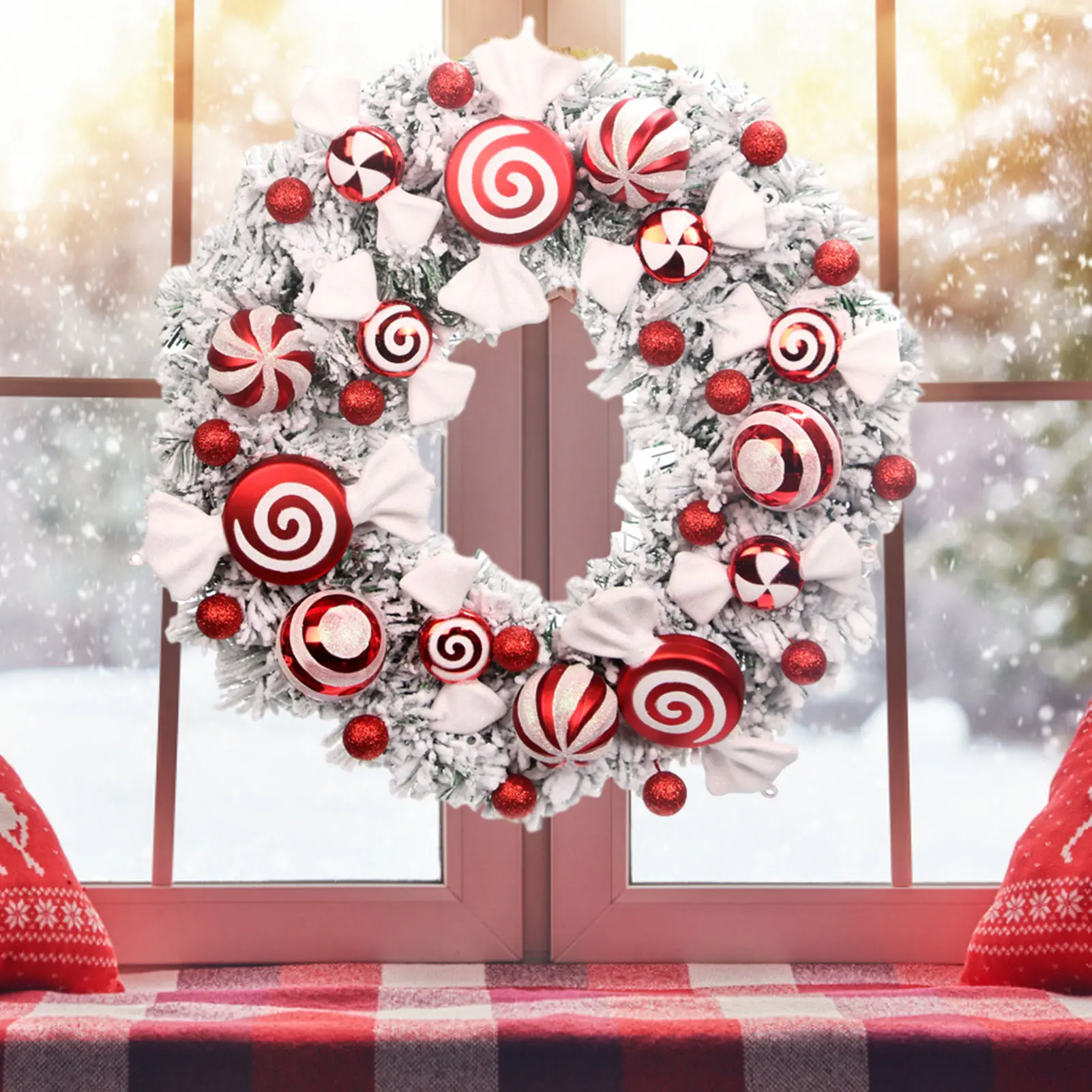 

40cm Christmas Wreath Front Door Candy Wreath Home Holiday Ornament Christmas Door Decoration For Home Hanging Decoration