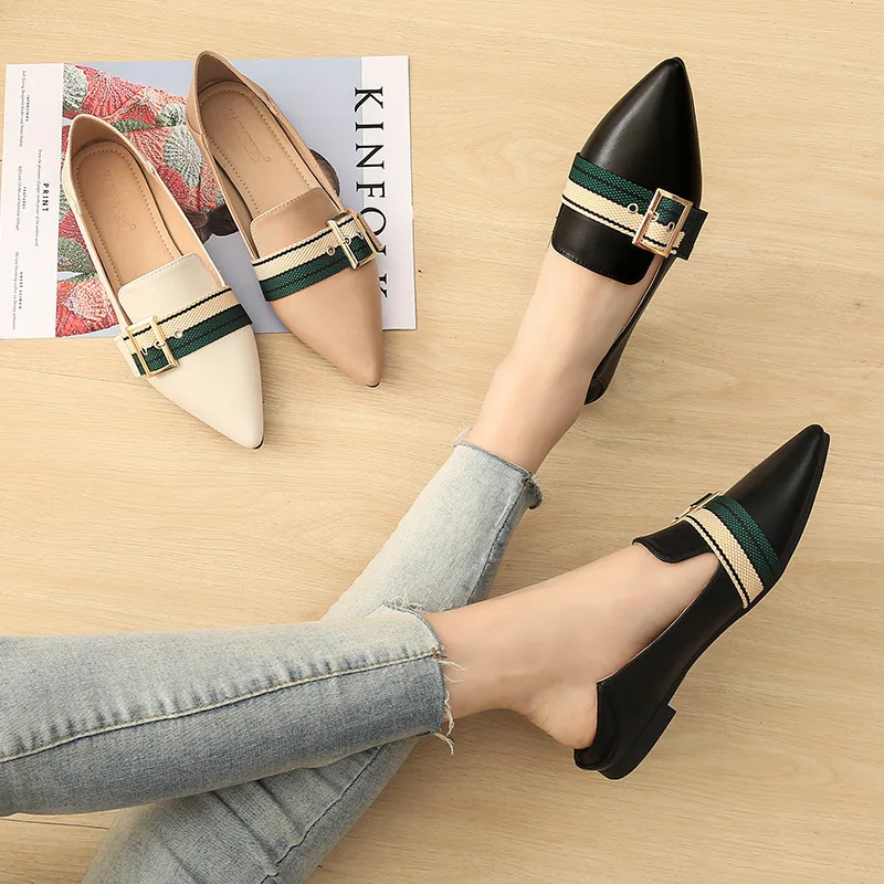 

Women White Leather Shoes Pointed Toe Pure Color Two Ways Wearing Outdoor Footwear Soft Sole Flat Heel 33-43 Small Size Black