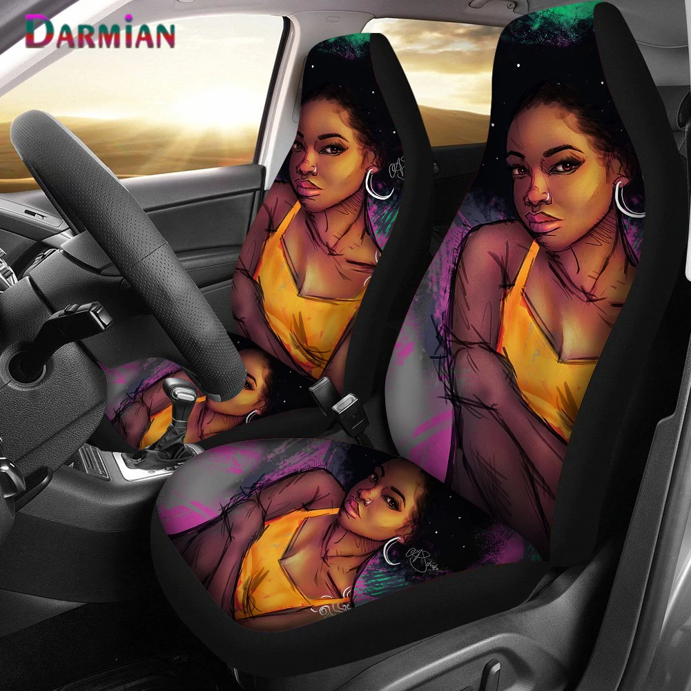 

DARMIAN Sexy Girl 2pcs set Car Seat Covers Afro Black Queen Cartoon Car-Styling Seat Covers Automobiles Car Interior Accessorie