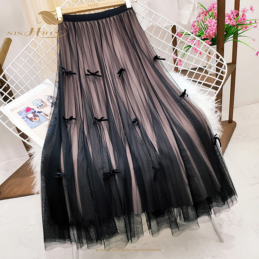 

SISHION Black Apricot Gray Midi Length Pleated Skirt Two-sided Wear Gold Velvet A-Line Mesh Tulle Skirt Female VD2770