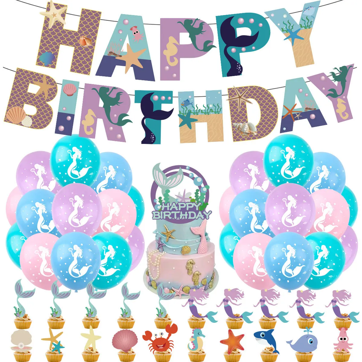 

Украшения для вечеринки в честь Дня Рождения с изображением русалки, набор воздушных шаров с изображением торта, баннер для девочек на 1-й, 2-...