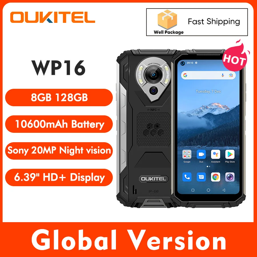 Смартфон глобальная версия OUKITEL WP16 4G 6 4 дюйма 8 + 128 ГБ 10600 мА · ч 8-ядерный камера 20 МП