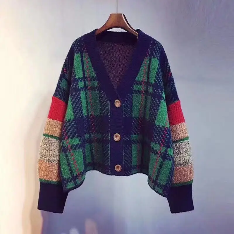 

2020 women autumn long woolen sweater Korean style casual jacket stitched knitted coat V Neck lattice warm thick coat in winter