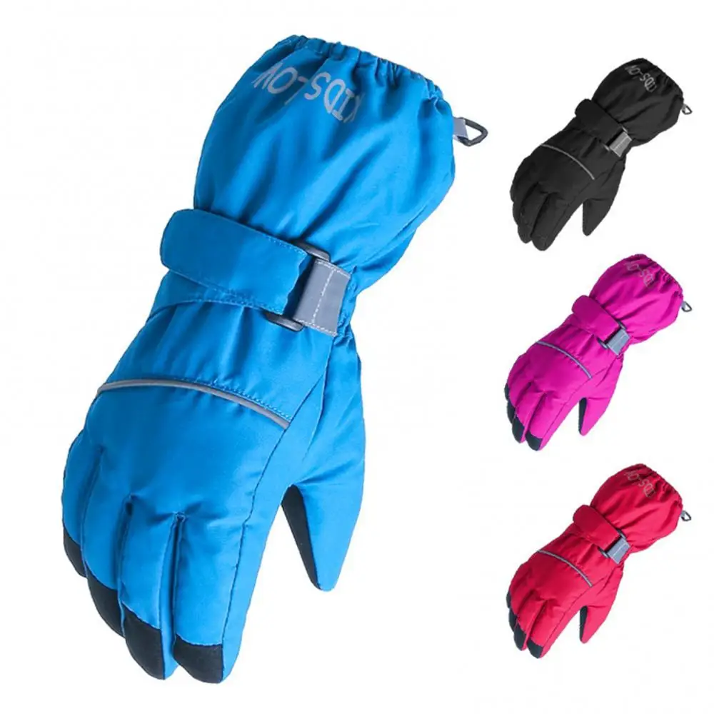 

Kids Outdoor Five-fingers Riding Cycling Gloves Solid Color Winter Warm Non-slip Skiing Mittens Backside with Reflective Teeth