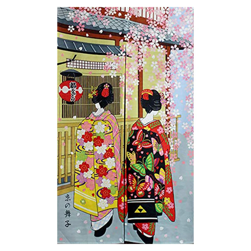

Japanese Style Long Doorway Curtain Kyoto Geisha Girls And Cherry Blossom Window Treatment Tapestry For Home Decoration 33.5 X 5