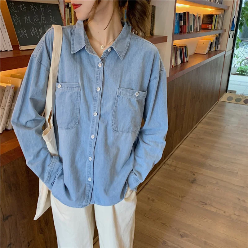 Женская ВИНТАЖНАЯ ДЖИНСОВАЯ РУБАШКА REALEFT свободная блузка с длинными рукавами и