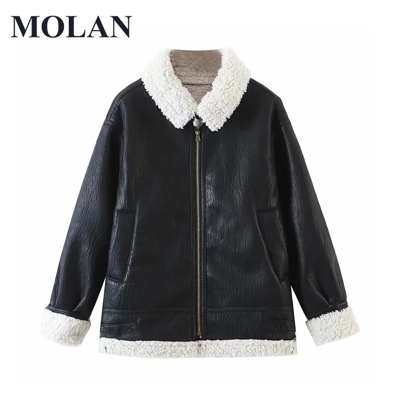 MOLAN Fur Leather Winter Jacket Coat Woman 2021 New Fashion Oversize Long Sleeve Warm Overcoat Female Chic Outwear Top