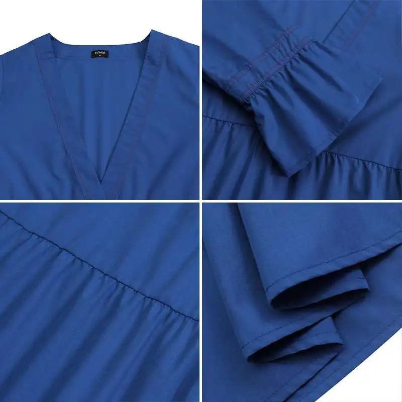 

Plus Size Dress Women Casual Pleated Flare Sleeve Party Dresses 2021 VONDA Vintage Solid Party Long Sundress Kaftan Robe S-5XL