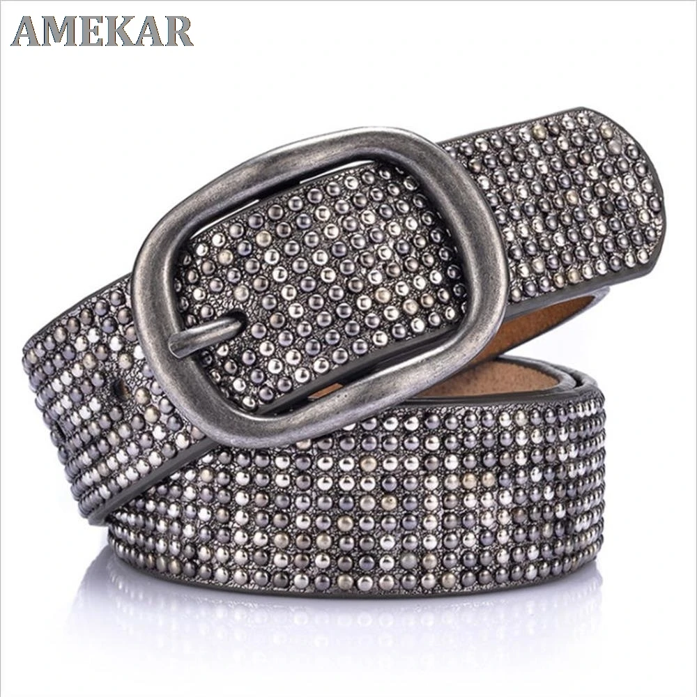 

SupSindy woman leather belt geometric rivet pin buckle PU belts for women European fashion top quality leather strap for jeans