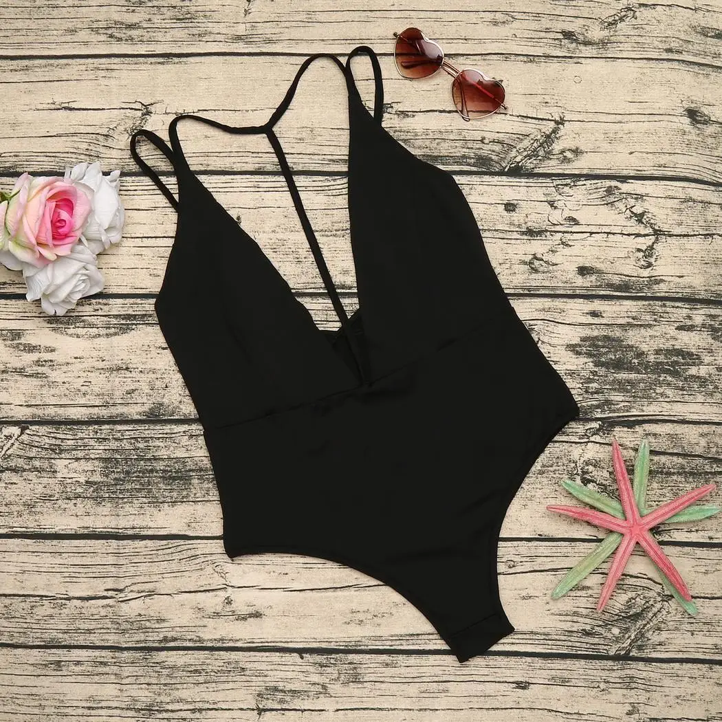 Women Sexy Solid Halter Neck Slings None Sleeveless One-Piece Swimsuit Summer Black Beachwear |