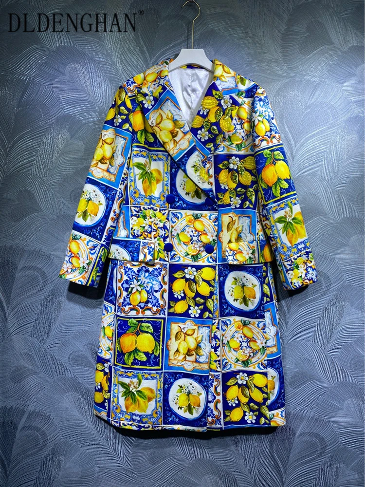 

DLDENGHAN Fashion Runway Designer Autumn Winter Coat Women Long Sleeve Beading lemon Print Double Breasted Outwear Overcoat