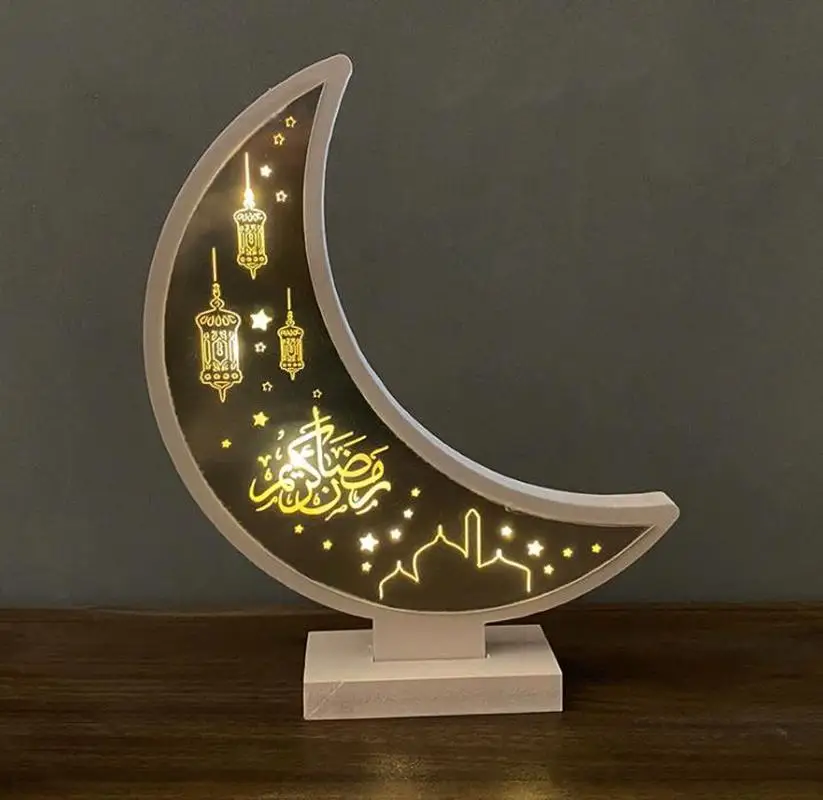 Ramadan Eid Mubarak Wooden Ornament Moon Lamp LED Night Light Islam Decoration Muslim Wooden Ornament  Home Festival Light