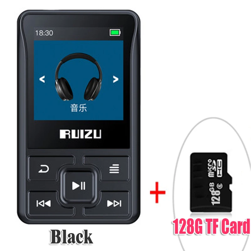 BlackWith128GBTFcard Новейший Спортивный Bluetooth MP3-плеер RUIZU X55, 8 ГБ, мини-клип с поддержкой экрана, FM, запись, электронная книга, часы, шагомер - Цвет: BlackWith128GBTFcard