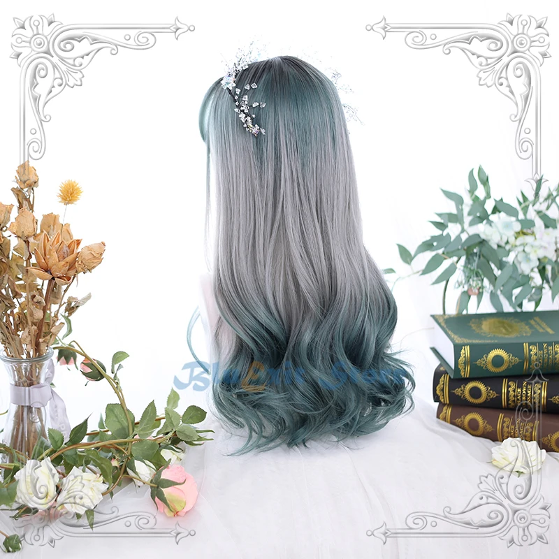 

Gradual Black Green Gray Lolita Wig Harajuku Fairy Cosplay Bangs Curly Body Wave Long Sweet Fringe Adult Girls Hair