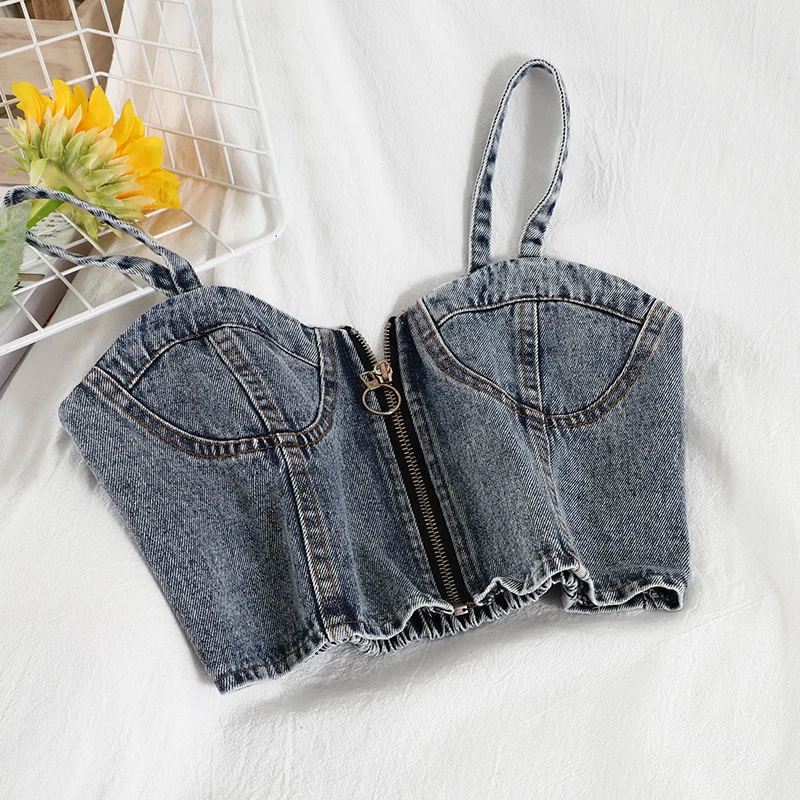 Design Sense Niche Wear Elegance Retro Sleeveless Top Trendy Short Denim Small Sling Vest Women's Clothing Top Sexy