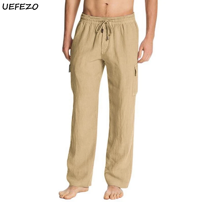 Мужские брюки карго UEFEZO повседневные хлопковые льняные с эластичным поясом